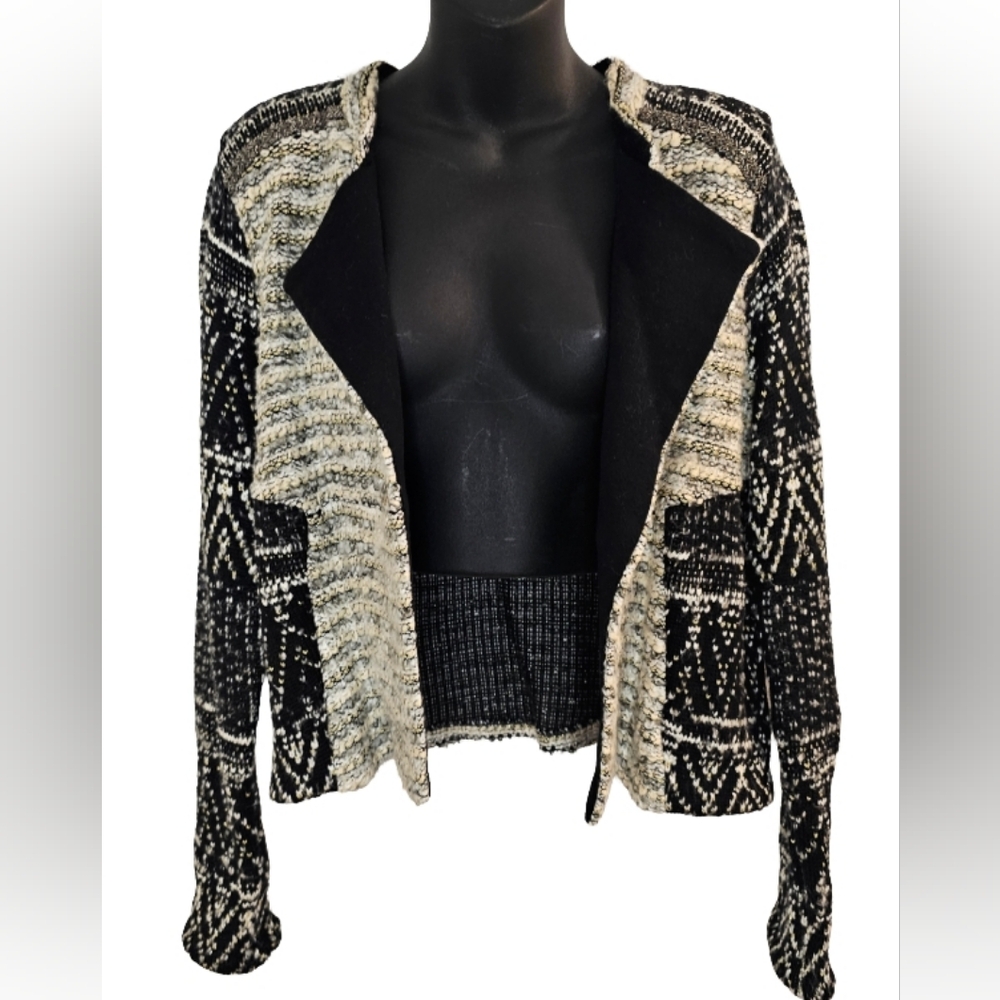 [H&M] Cream & Black Cotton Knit  Long Sleeve Open Cardigan Jacket Women Medium